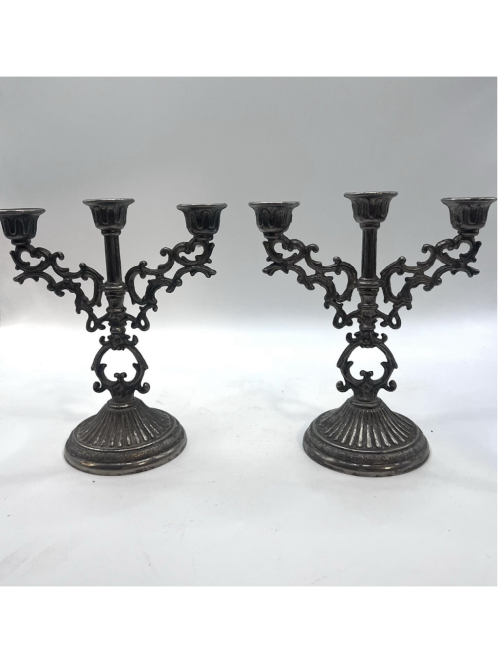 Vintage Italian Mini Candelabra Set of 2 Candle Holder Three-Arm Silver Tone 5”